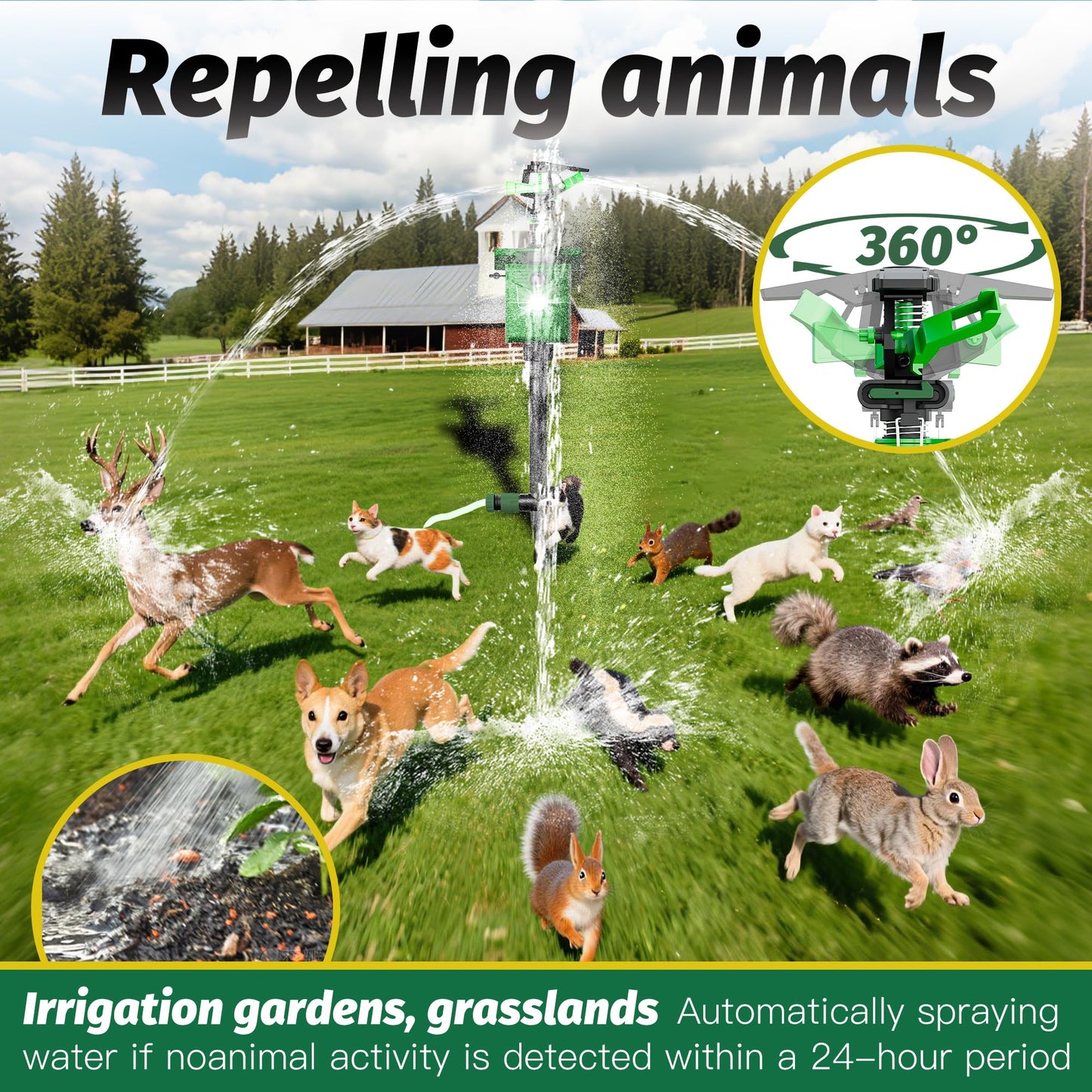 2 Pack Motion Activated Animal Repeller with Water Sprinkler and Flashing Light, Solar Powerd Deer Cat Repellent Outdoor Deterrent - Keep Rabbits Shunks Dog Raccoons Birds Away from Lawn and Garden