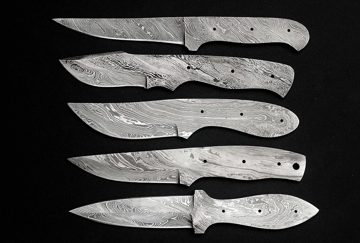 5 pieces set of 8 to 9.5 inches long hand forged twist pattern Damascus steel blank blade skinning knife set, Over all 44 inches long blades compact pocket knife blanks, knife making supplies