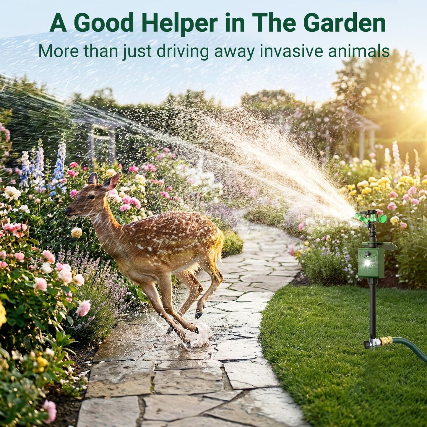 2 Packs Motion Activated Animal Repeller with Water Sprinkler, Solar Powered Deer Repellent Devices, IP65 Waterproof Cat Repellent Outdoor with Flashing Light, Deter Foxes Skunks Raccoons from Garden