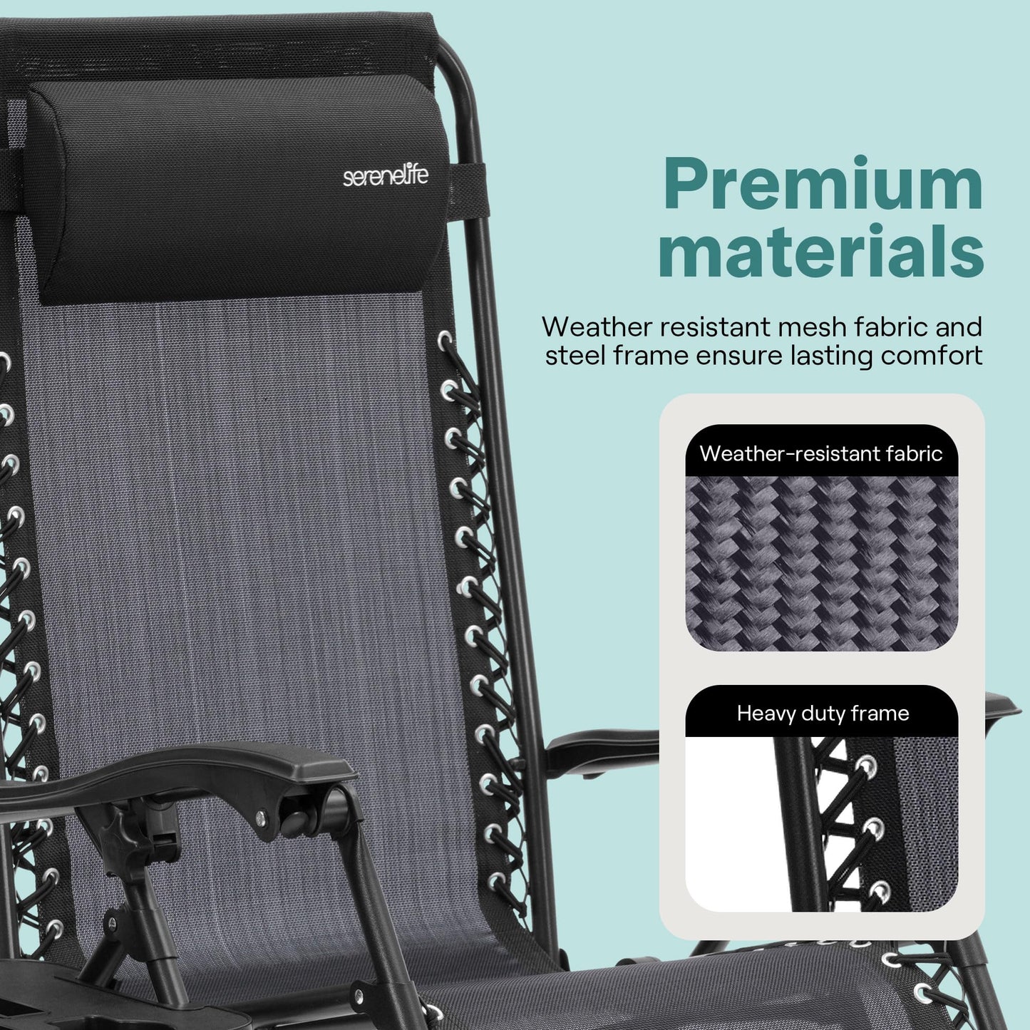 SereneLife Zero Gravity Outdoor Lounge Chairs 2 Pack – Folding Recliners with Side Table, Cup Holder & Padded Headrest – Adjustable Patio Chairs for Lawn, Garden, Deck, Camping (Black)