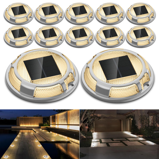 FabStyl Solar Driveway Lights Dock Light Waterproof 12 Pack, 2 Colors in 1 Outdoor LED Solar Deck Lights, Solar Powered Walk Way Lights Road Marker for Warning Stair Pathway Patio (Warm & Cool)