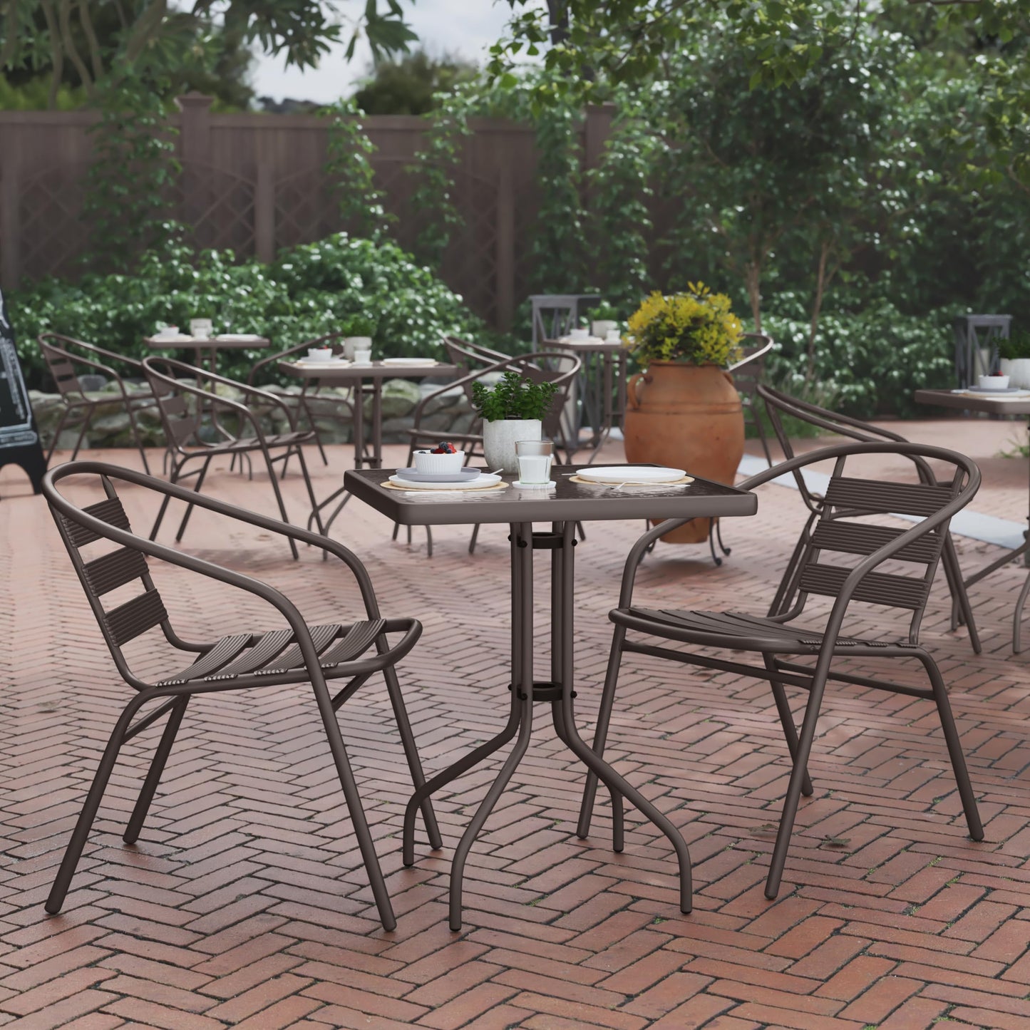 Flash Furniture TLH-0731SQ-017CBZ2-GG Lila 23.5'' Square Glass Table with 2 Metal Aluminum Slat Stack Chairs, Bronze