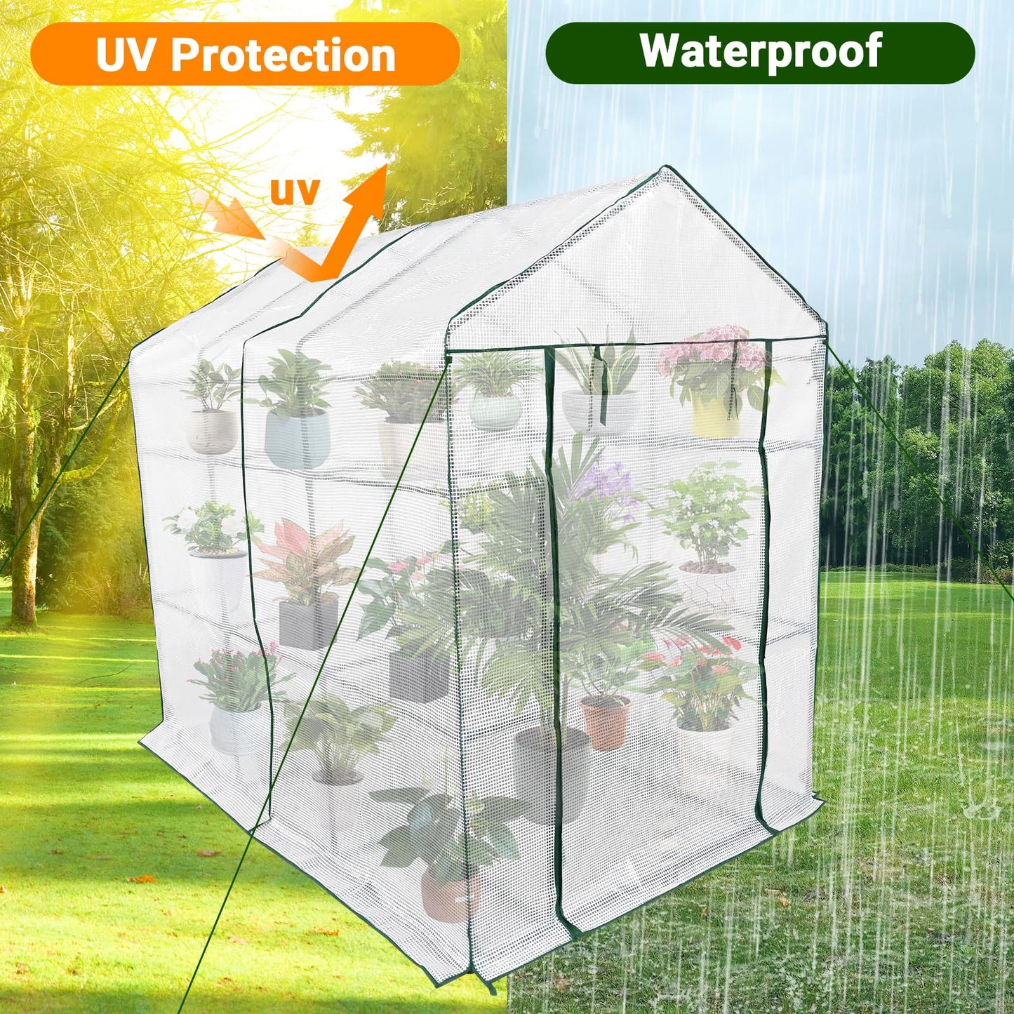 Walk in Greenhouse for Outdoors - All Season Plant House with 6 Shelves, Mesh Windows, Waterproof Cover, Roll-Up Zippered Door, 3 Tier Garden Hot House for Seedling Flowers Growing for Patio, Backyard
