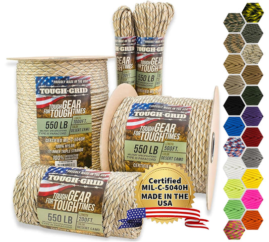 TOUGH-GRID 550 Paracord Rope Nylon Parachute Cord, Made in USA Survival Kit, Outdoor Adventures, Camping, Tactical Gear & Emergency Supplies, Military Type III Mil-Spec