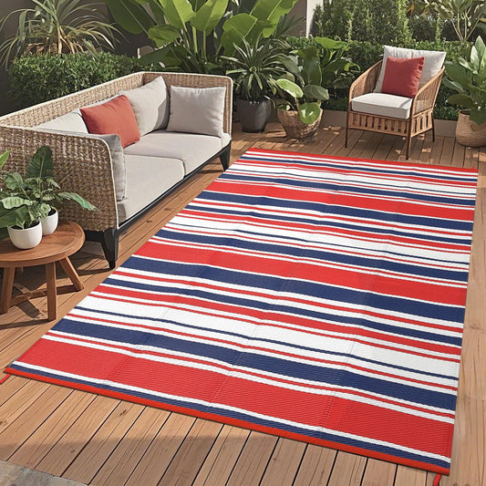 LUXLOOM Outdoor Plastic Straw Rug 9x18 Large Washable Floor Mat Modern Lines Waterproof Rug for Patio Reversible Rugs for Outdoors RV Beach Patio Camping Backyard Deck Picnic Outside Red Navy