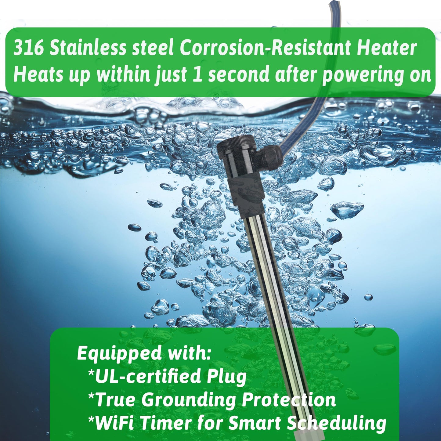 2000W Fully Submersible Water Heater of Baptismal Pool & Bathtub – Portable Immersion Electric Heater with Temp Control & WiFi Timer for Spa, Hot Tub, Bucket, Above Ground Pool & Inflatable Pool etc