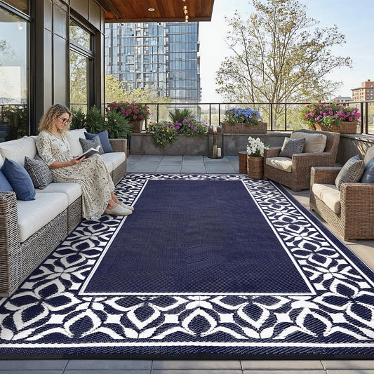 PureCozy Outdoor Plastic Straw Rug Navy Blue Large Outside Waterproof Outdoor Patio 10x14 Carpet Geometric Reversible Mat Modern for Camping RV Porch Deck Balcony Beach