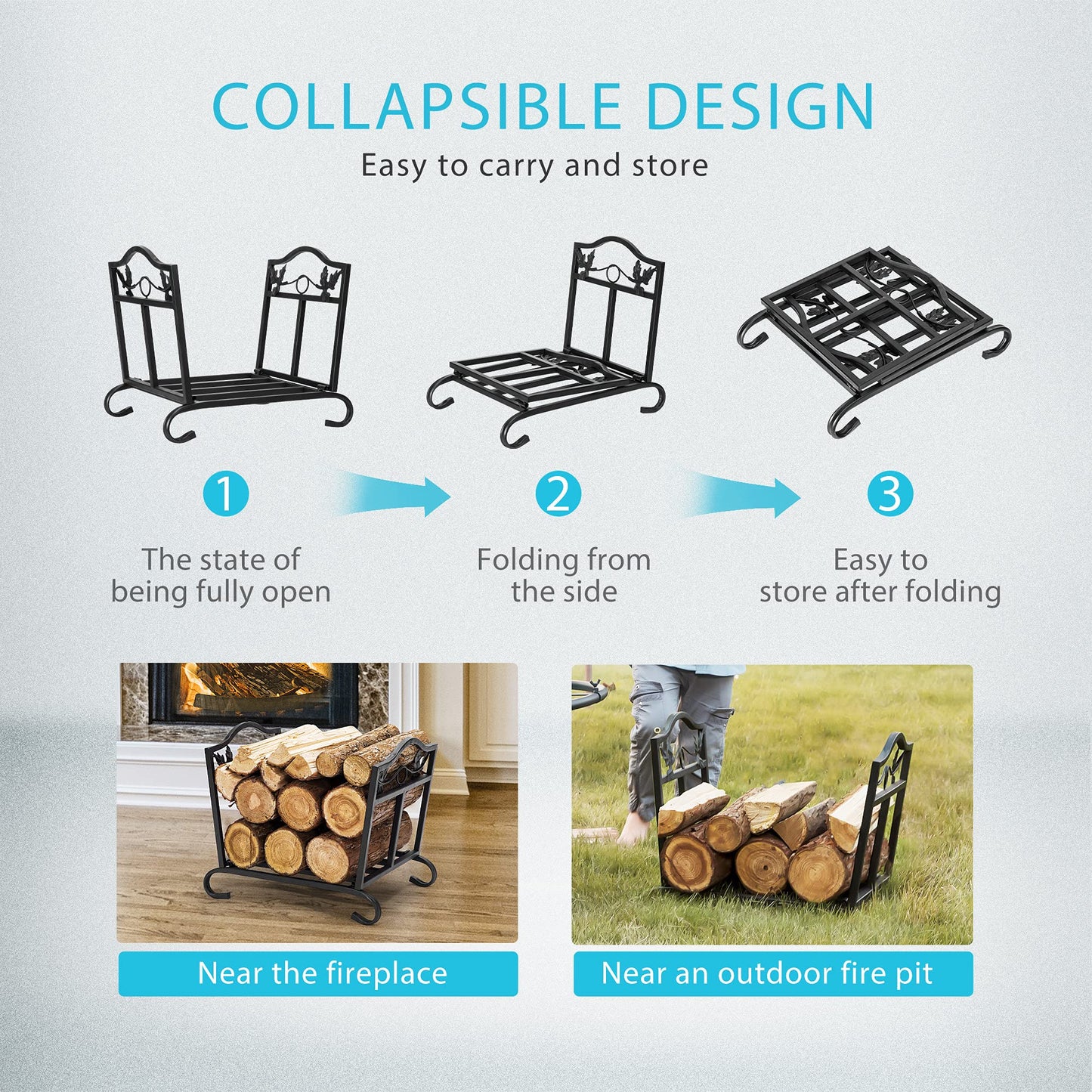 VIVOHOME 21.5 Inches Folding Heavy Duty Firewood Storage Log Rack with 8ft Heavy Duty Indoor Outdoor F