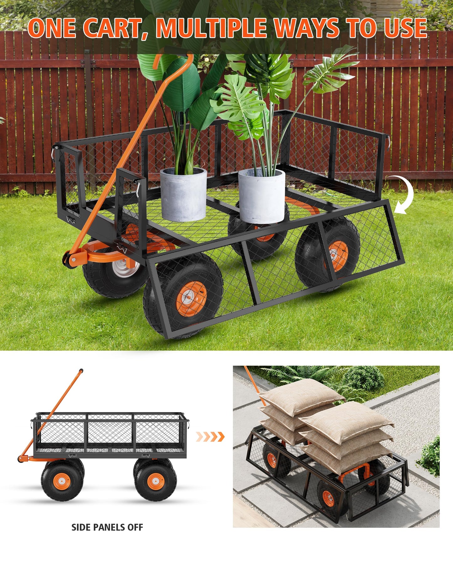 Heavy Duty 900 Lbs Capacity Steel Garden Cart, 3-in-1 Utility Metal Wagon, with Removable Mesh Sides to Convert Into Flatbed, 180° Rotating Handle and 10" Tires