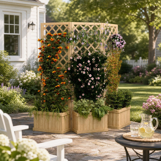 Wooden Planter Box Privacy Screen, Freestanding Cedar Outdoor Privacy Fence with Built-in Planters, Folding Patio Divider Panel with Drainage for Backyard, Balcony, Deck and Garden, Decorative Fences