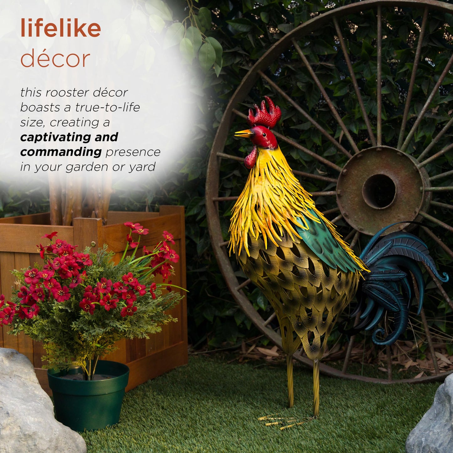 Alpine Corporation 28" Tall Outdoor Metal Feathered Rooster Statue with Vibrant Design, Garden Decor, Yellow