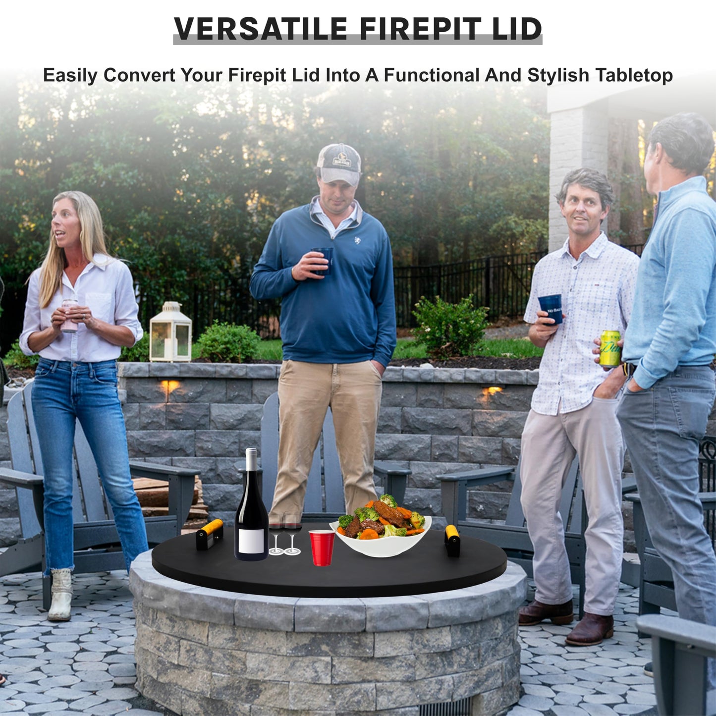 30” Round Fire Pit Lid – Heat Resistant fire Pit Cover Round Metal for Outdoor Fireplace 16 Gauge Steel Flat Fire Pit Burner Pan Cover with 2 Wooden Handles Snuffer Lid for Round Patio FirePit Ring