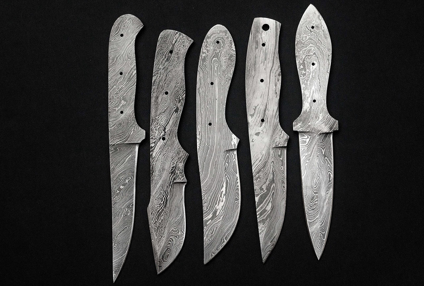 5 pieces set of 8 to 9.5 inches long hand forged twist pattern Damascus steel blank blade skinning knife set, Over all 44 inches long blades compact pocket knife blanks, knife making supplies