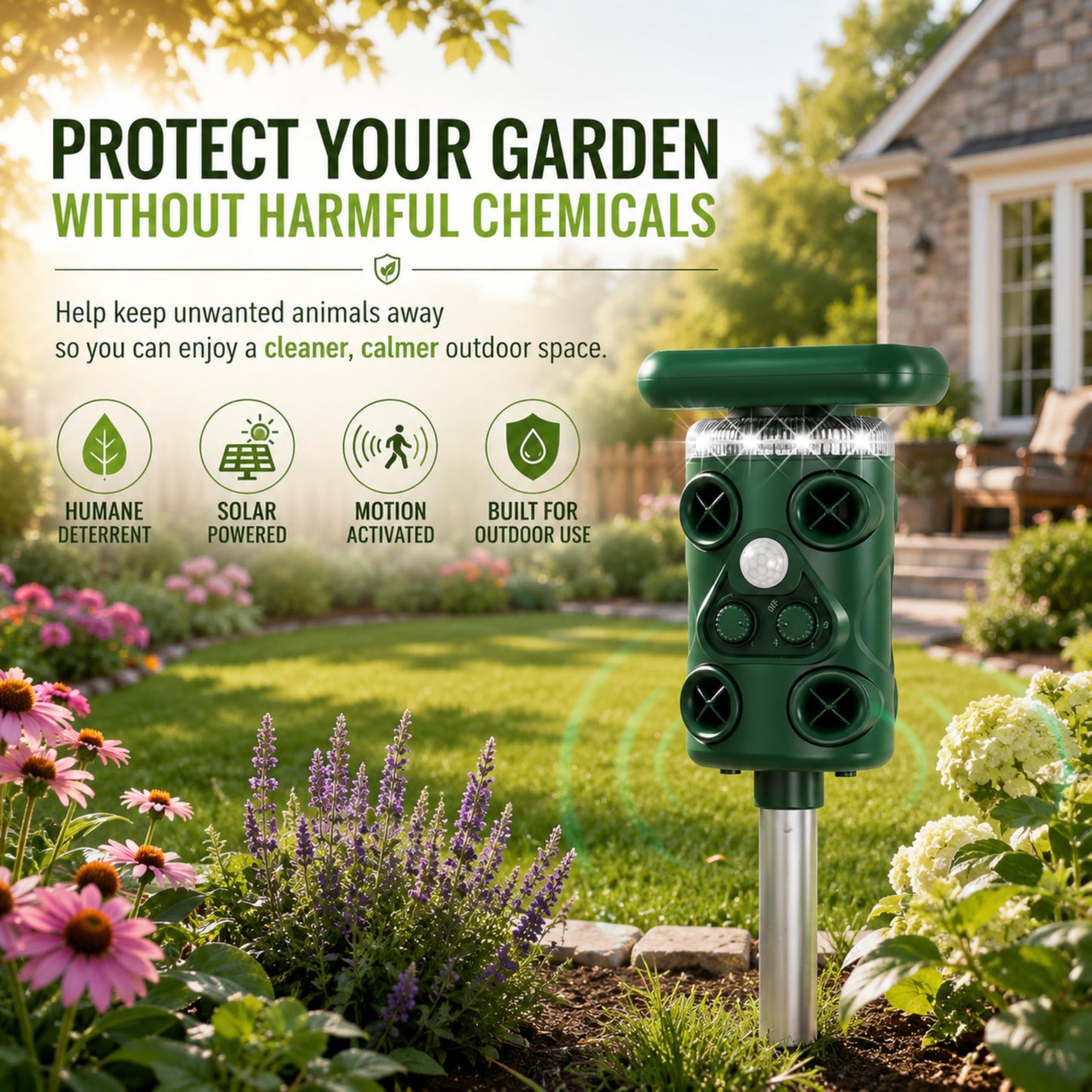 Solar Ultrasonic Deer Repellent Device – Animal & Raccoon Repellent Outdoor with Motion Sensor Flashing LED, IP54 Waterproof Wildlife Deterrent, 13.5–45.5KHz Dual Chip Pest Repeller 4PK