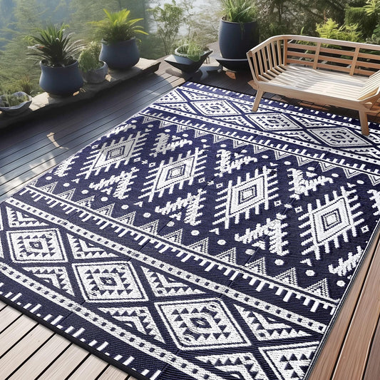 OLANLY Outdoor Rug Waterproof 9x18 ft, Reversible Outdoor Plastic Straw Rug, Boho Patio Rug, Indoor Outdoor Carpet, RV Mat Outside for Patio, Camp, Picnic, Balcony, Deck, Backyard, Navy & White