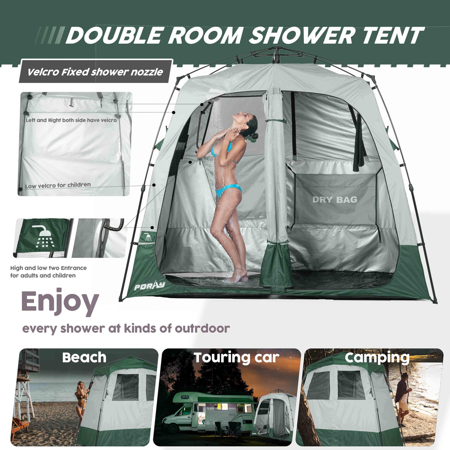 Porayhut Portable Camping Shower Tent Deluxe Changing Room Easy Set Up Privacy Shelter,Large Toilet Tent 2 Rooms with Floor Drain Design for Beach, Camping,Hiking with Stakes and Ropes for Stability