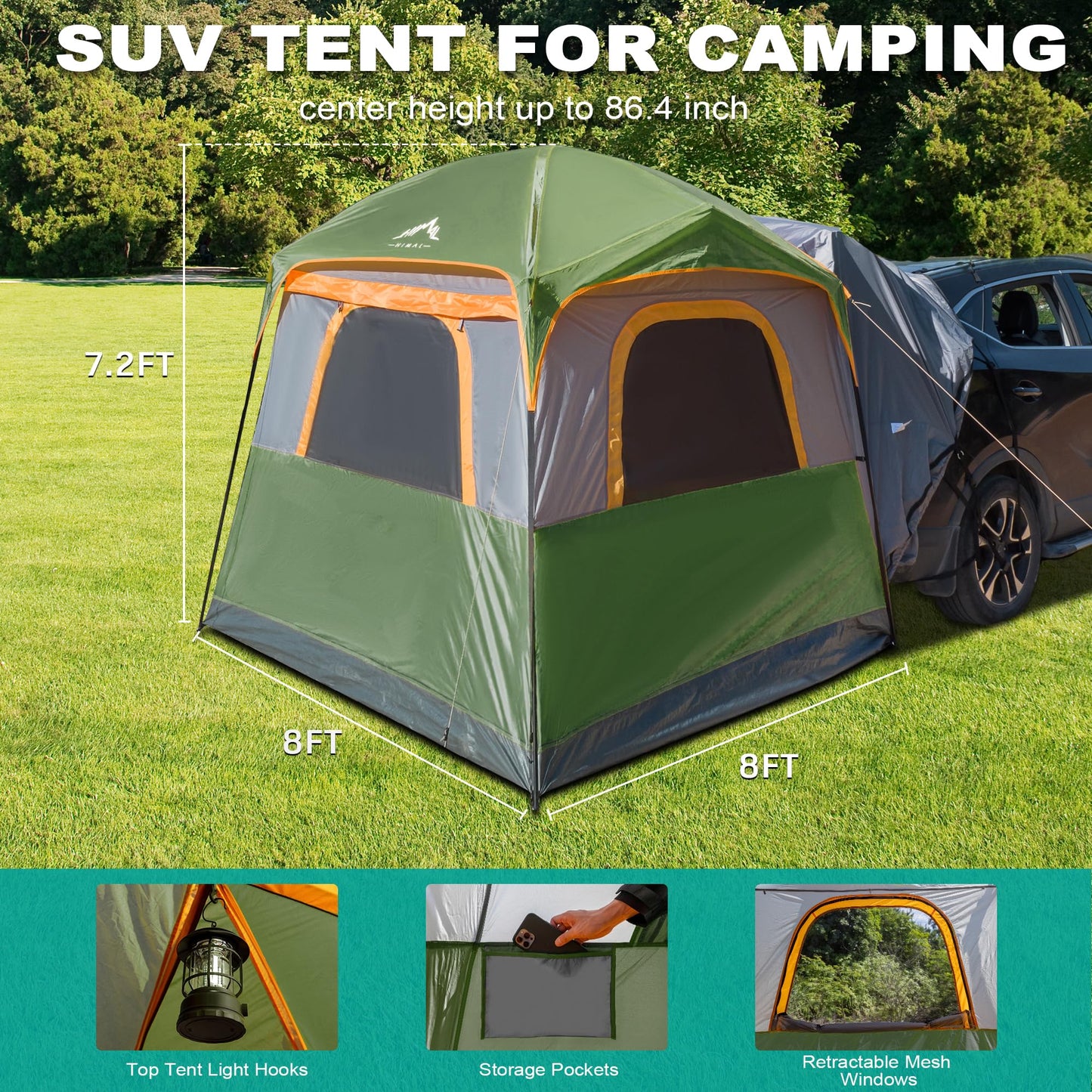 uniHimal SUV Tent for Camping,Waterproof PU2000mm, Fits 5-8 People,Spacious Double Layer Design, Includes Rainfly & Storage Bag, 8FT L x 8FT W x 7.2FT H,Green