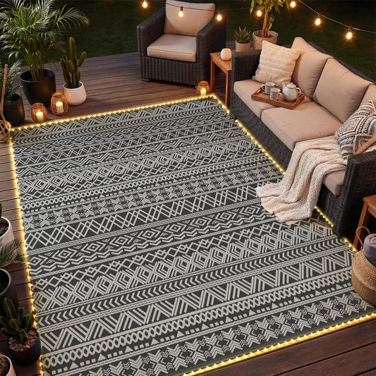 MontVoo-Outdoor Rug Carpet 9x12 ft for Patio RV Camping with Led Strip Lights Waterproof Plastic Straw Rug Reversible Portable Outside Indoor Outdoor Rug Mat for Patio Decor Balcony Picnic-Boho Rug