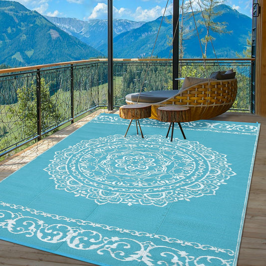 GlowSol Outdoor Rug 9x18 ft, Reversible Waterproof Outdoor Plastic Straw Rug, Oriental Medallion Patio Rug, Large Outdoor Carpet, RV Mat Outside for Patio, Camp, Picnic, Balcony, Deck, Backyard,Blue