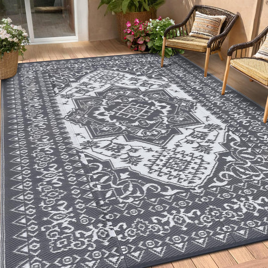 GarveeHome Large Outdoor Straw Plastic Rug 9x18 Waterproof Reversible Mat Palm Retro Vintage Camping Rugs Big Camping Rug Outdoor Rug Patio Rug Deck Outdoor Mat Balcony Pool RV, Grey and White
