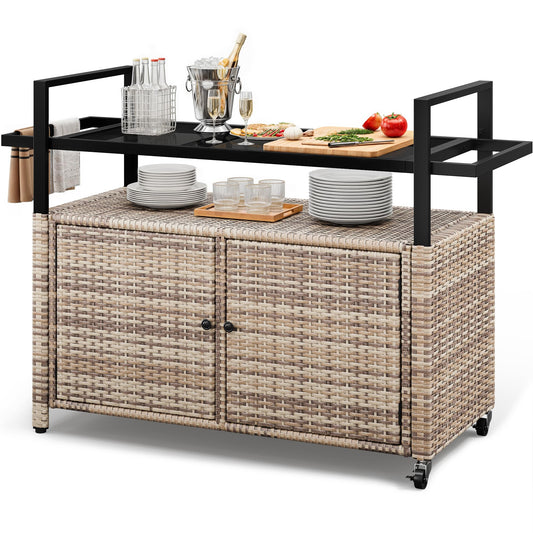 YITAHOME XL Outdoor Storage Cabinet, Outdoor Storage Cart with Wheels and Black Glass Table Top for Patio, Outdoor Cabinet for Poolside and Backyard (Light Brown)