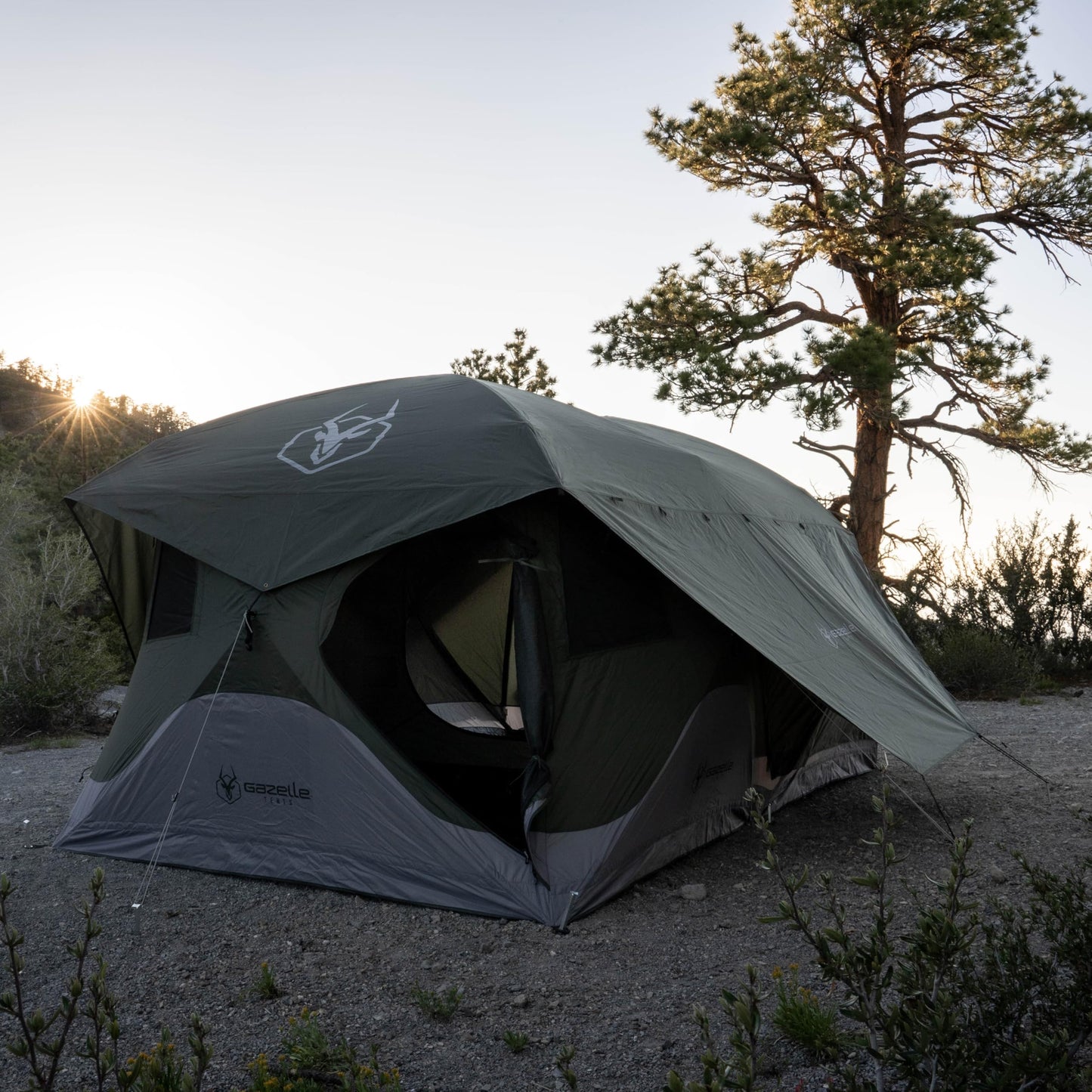 Gazelle Tents™ T4 Tandem Hub Tent with Overland Kit, Easy 90 Second Set-Up, Waterproof, UV Resistant, Removable Floor, Stakes, Duffle Bag, 4-8 Person, Alpine Green/Slate, 165" x 94" x 78", GK916