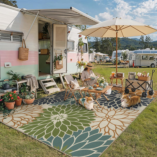 HUGEAR 8'x10' Floral Outdoor Rug Linen-Look Waterproof Colorful Floor Mat Home Decor for Camping RV Outside Area Rug Patio Deck Porch Balcony Backyard Picnic Beach Carpet