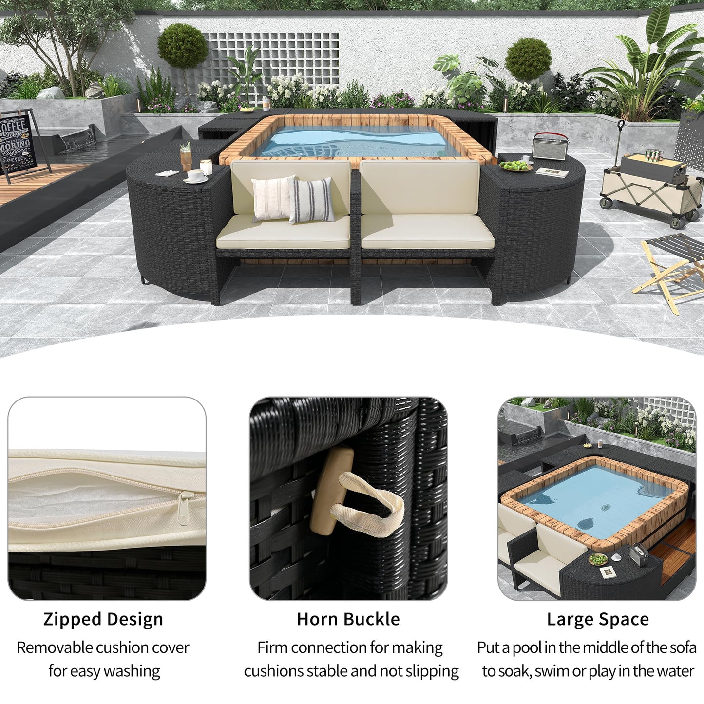 Merax Patio Furniture Set with Mini Sofa, Wooden Seats and Storage Spaces, Outdoor Conversation Sets for Patio, Lawn, Garden