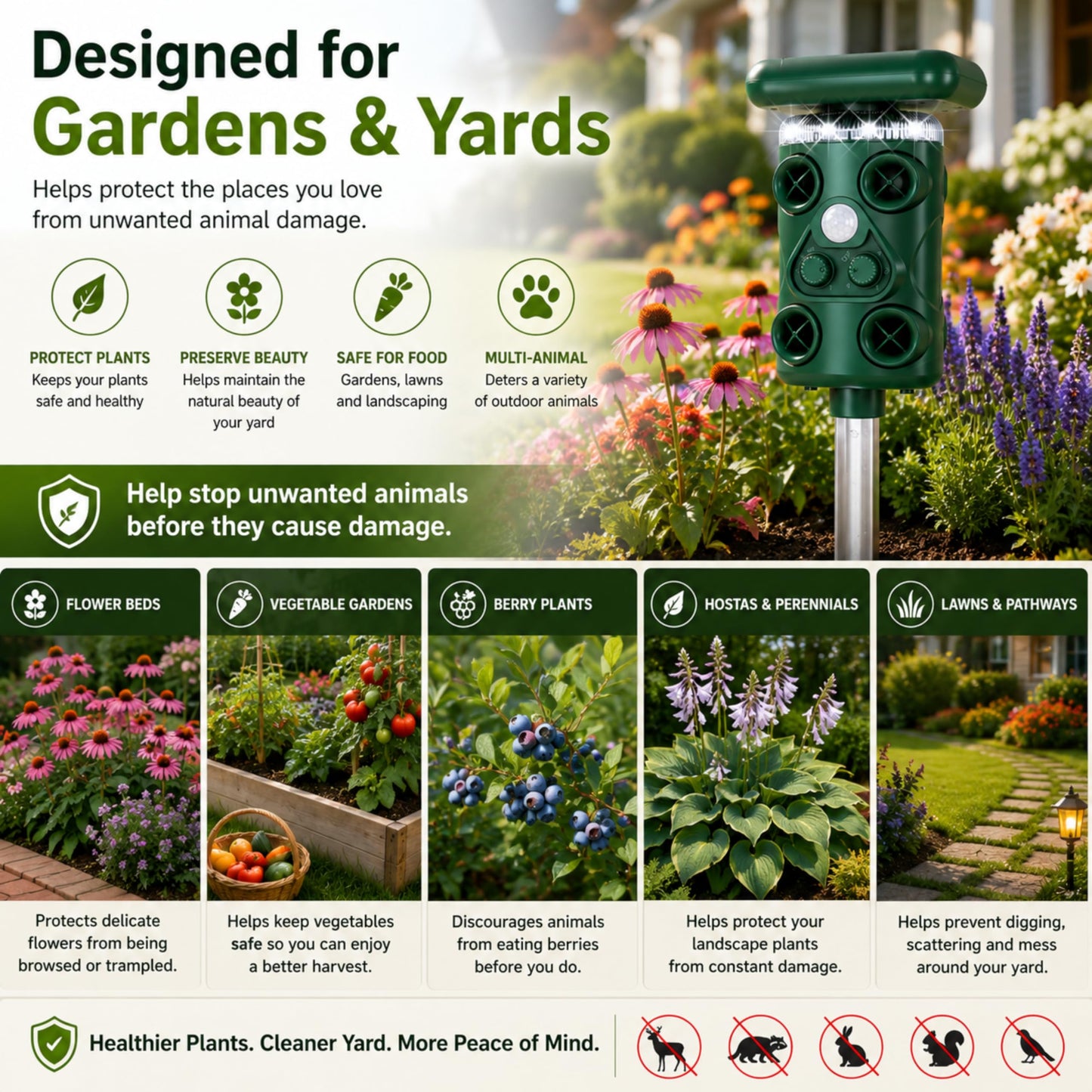 Solar Ultrasonic Deer Repellent Device – Animal & Raccoon Repellent Outdoor with Motion Sensor Flashing LED, IP54 Waterproof Wildlife Deterrent, 13.5–45.5KHz Dual Chip Pest Repeller 4PK