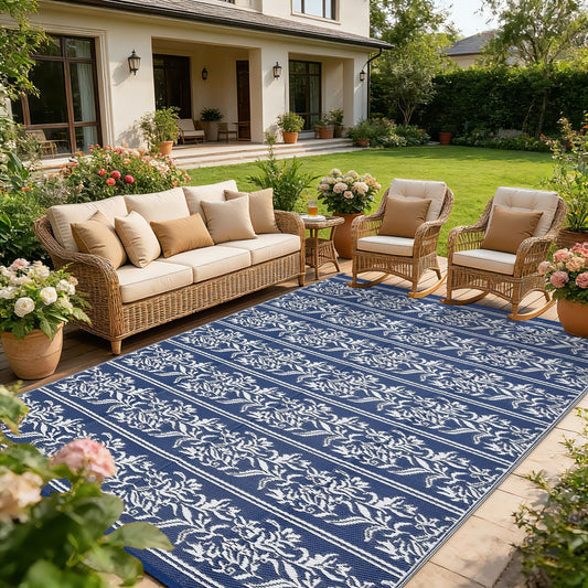 GarveeHome Outdoor Rug 9x18 Waterproof for Patio, Reversible Outdoor Plastic Straw Rug, Wallpaper Flower Indoor Outdoor Mat Carpet for RV, Camping, Deck, Backyard, Picnic, NavyWhite