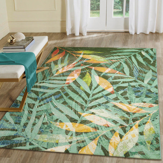 Liora Manne Marina Indoor/Outdoor Power Loomed Synthetic Blend Low Profile Area Rug - Contemporary Graphic Botanical Floral Colorful (Leaves Blue) (4'10" x 7'6")