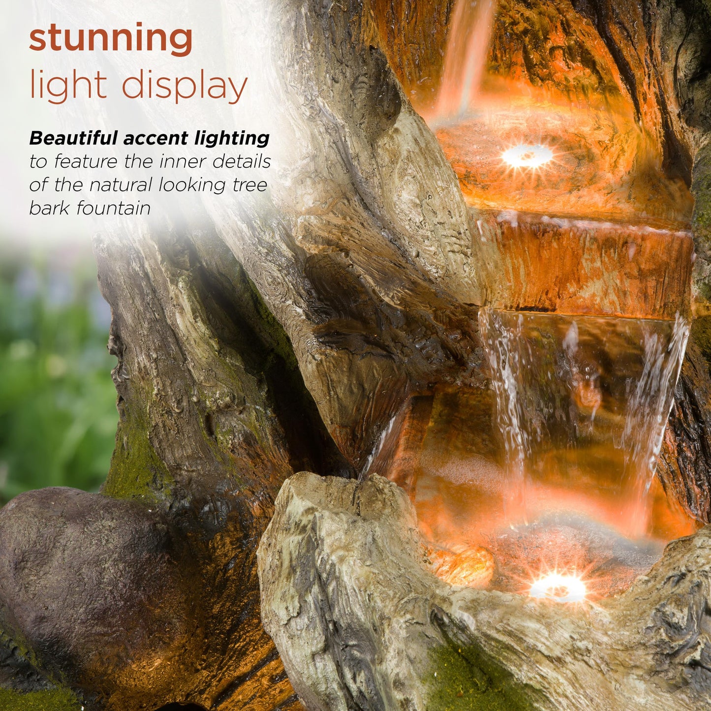 Alpine Corporation WIN1520 59" Indoor/Outdoor Floor 5-Tiered Tree Bark Water Fountain, Cascading Mossy Wood Waterfall Feature for Garden, Patio, and Yard, Brown