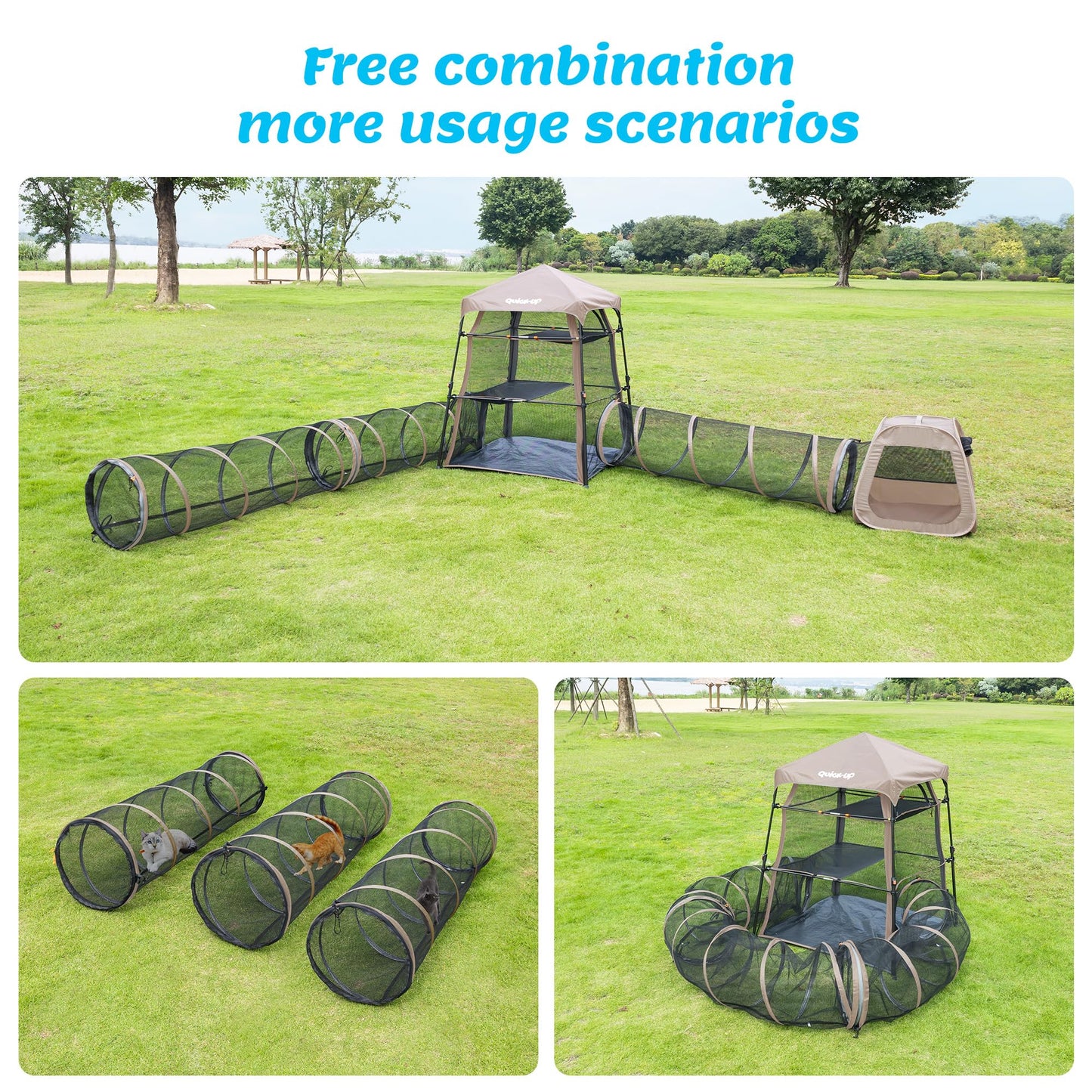 Cat Play Tunnel-3 Packs for Indoor and Outdoor,Pet Tunnel,Cat Enclosure, Easy to Connect with Two Zipper Doors,Product Size 59'' x 18'',Tan Trim (3 Tunnels)