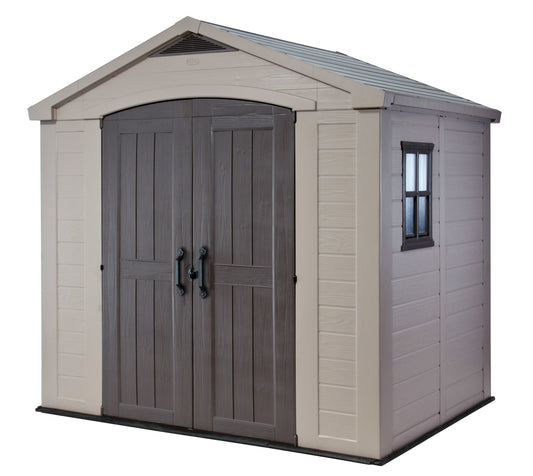 Keter Factor (8x6 ft) Large Resin Outdoor Storage Shed for Patio Furniture, Lawn Mower, Garden Accessories Yard Tools, and Pool Toys, Taupe
