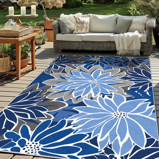 ZonLi Outdoor Rug 8x10Ft Waterproof Multicolored Blue Grey Indoor Area Rug Washable Outdoor Patio Rugs Tropical Floral Non Slip Outdoor Carpet for Living Room, Pool,Backyard,Deck,Camping.