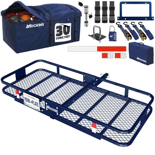 Mockins 60"x30"x6" Navy Trailer Hitch Cargo Carrier & 30 Cu Ft Waterproof Cargo Hitch Carrier Bag | 500 Lbs Cap Steel Folding Luggage Rack for SUV Truck Van & RV w/License Plate Bracket & Accessories