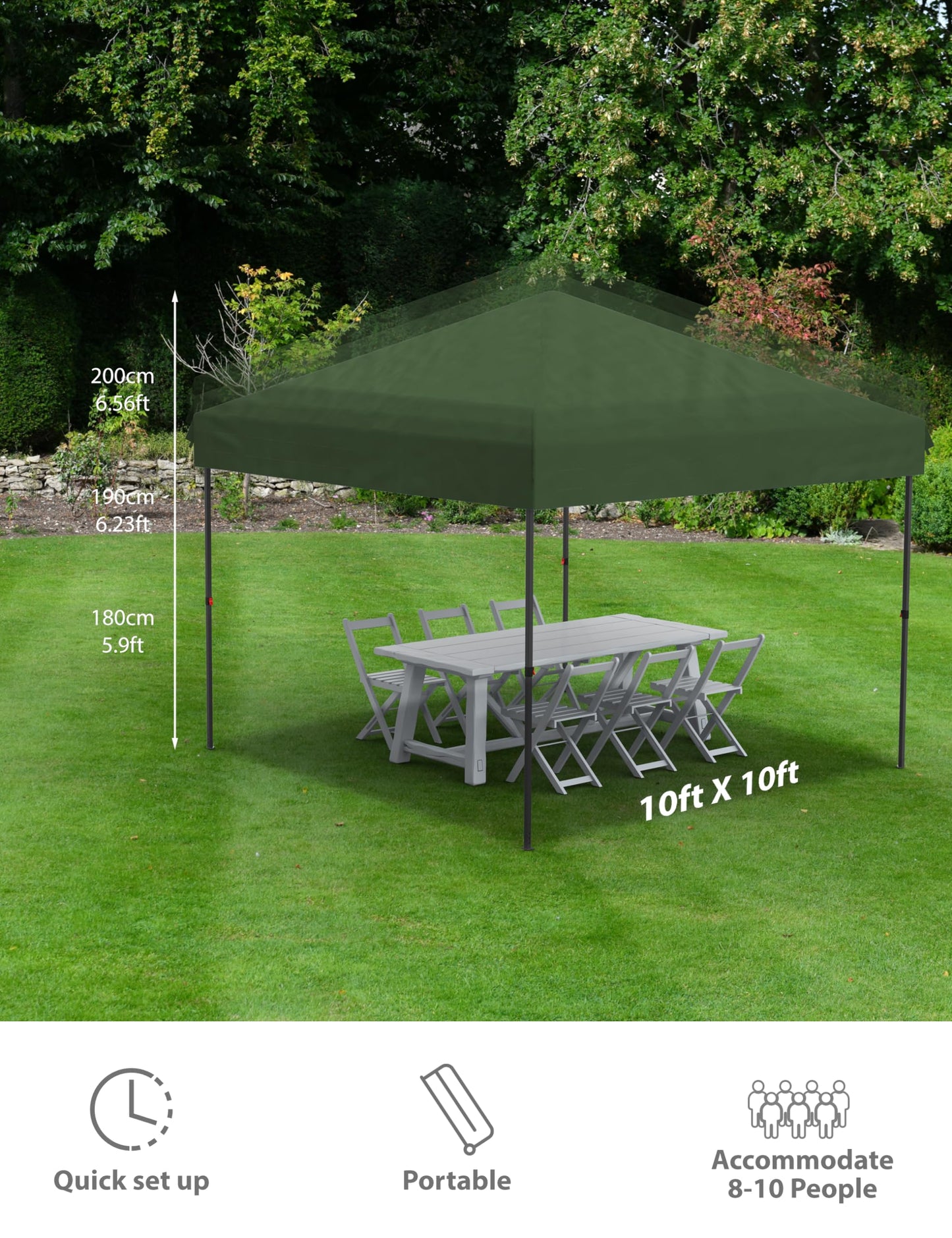 10x10 Pop Up Canopy with 3 Sidewalls - Outdoor Canopy Tent with Portable Roller Bag - One Button Push Setup, 3 Adjustable Height, 4 Weight Bags, 8 Stakes & 4 Guy Ropes Included, Green