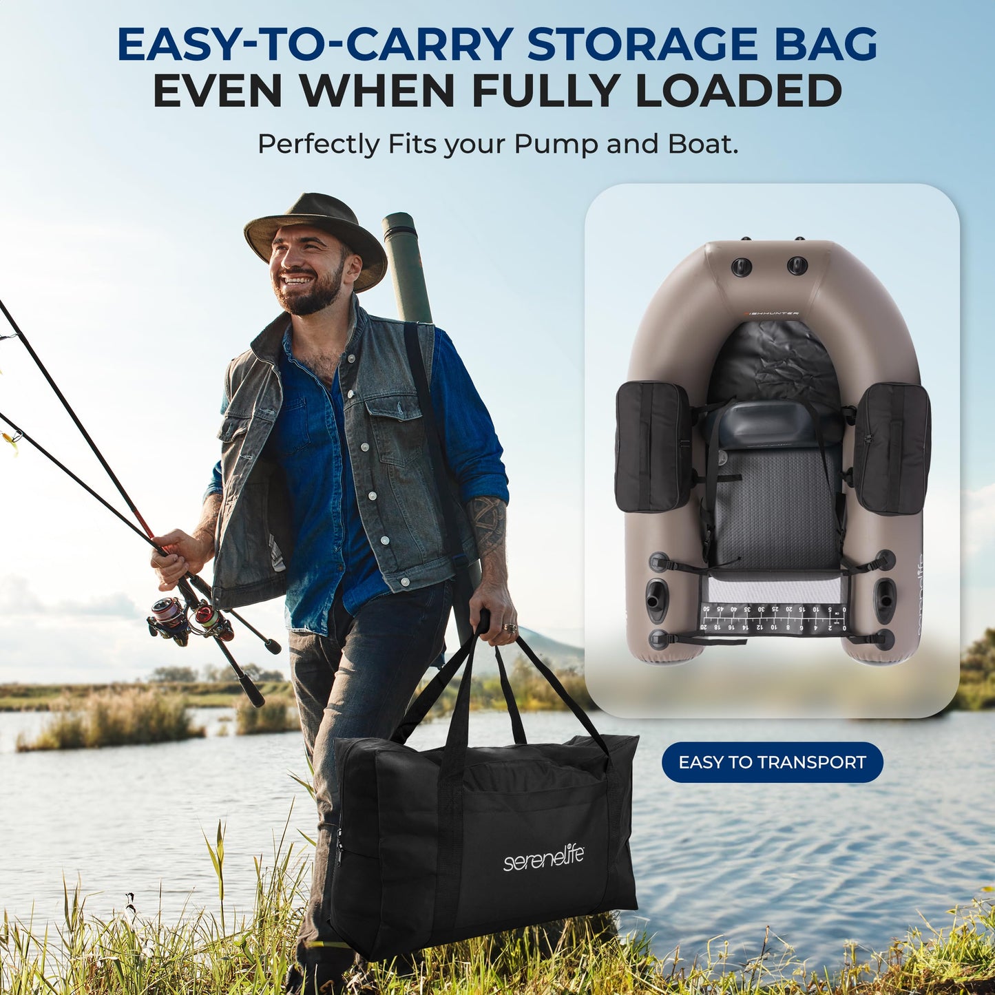 Serenelife Inflatable Fishing Float Tube – PVC Belly Boat for Angling with Fishing Rod Holders, 2 Waterproof Storage Pockets, Fish Ruler, 220 lbs Capacity