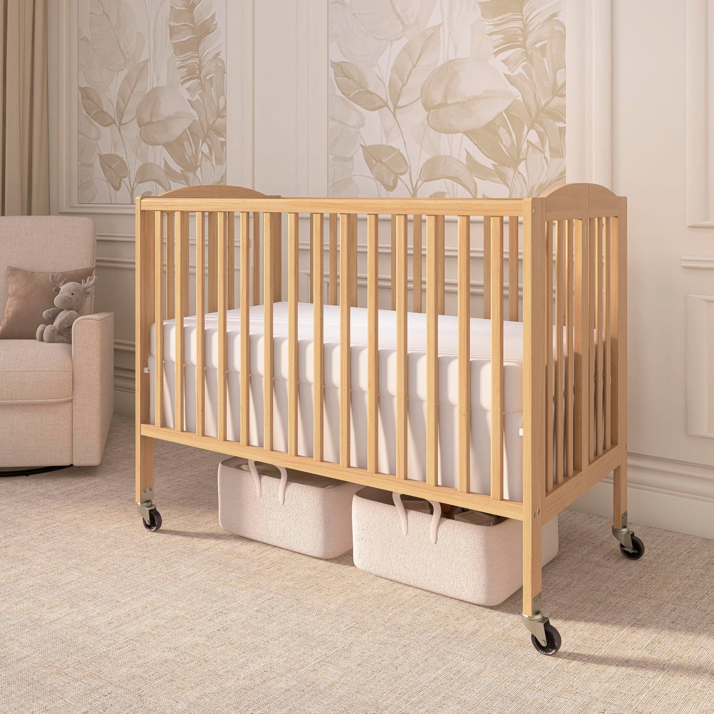 Dream On Me Folding Full Size Convenience Baby Crib with Durable Metal Wheels, Portable Space-Saving Design, 2 Adjustable Heights, Easy Fold Flat Storage, GREENGUARD Gold & BSA Certified, Natural