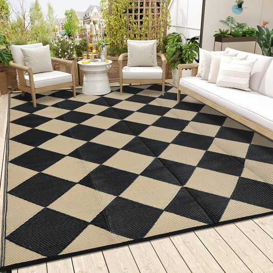 GarveeLife 10x14 Outdoor Rug for Patio Reversible, Plastic Straw Rug Waterproof Camping Rug Portable, Foldable Lightweight Mat for RV, Patio, Backyard, Deck, Picnic, Beach (Black/Offee)