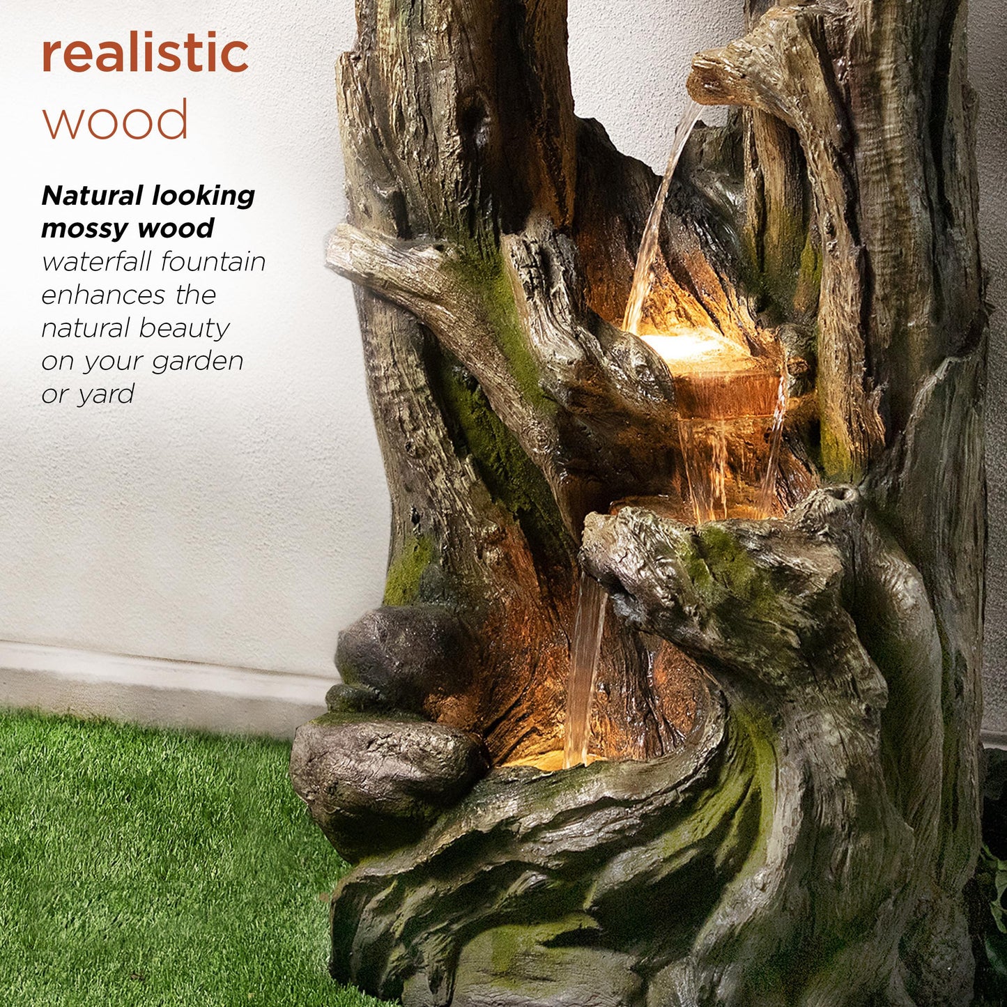 Alpine Corporation WIN1520 59" Indoor/Outdoor Floor 5-Tiered Tree Bark Water Fountain, Cascading Mossy Wood Waterfall Feature for Garden, Patio, and Yard, Brown