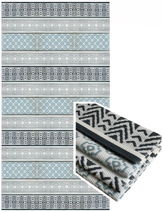 BalajeesUSA Outdoor Rug - 9x18 Grey, Teal, Reversible Recycled Plastic Straw Outdoor Patio Rugs Clearance Waterproof Large RV Camper Mats 7087