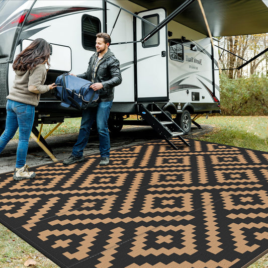 GENIMO Outdoor Rug Waterproof, 10' x 10' Reversible Plastic Straw Rugs, Lightweight Large RV Camping Mat for Patio, Deck, Camper, Balcony, Backyard, Picnic, Black & Brown