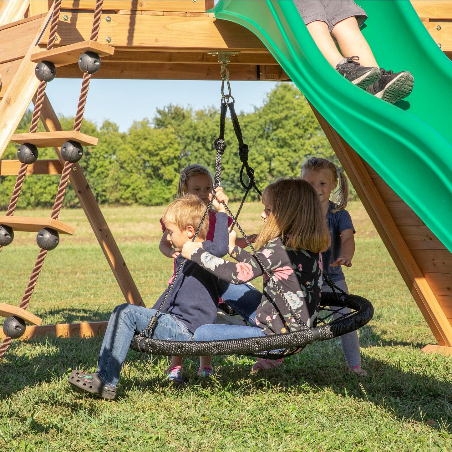 Backyard Discovery Endeavor All Cedar Wood Swing Set Playset for Backyard with Large Clubhouse Wave Slide Rope Ladder Rock Climbing Wall Wave Slide 2 Belt Swings and 1 Web Swing Gift for Ages 3-10