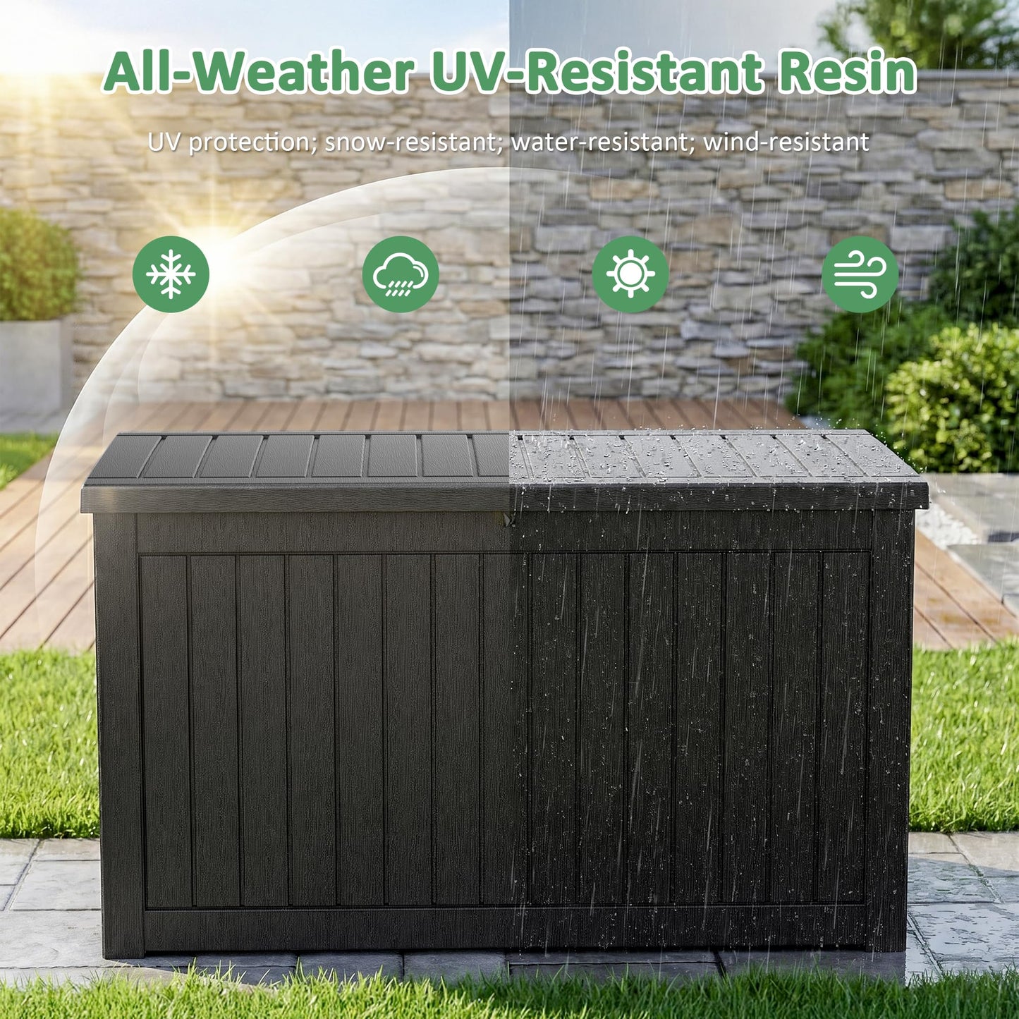 PatioZen 280 Gallon Deck Box Outdoor Storage Box, Waterproof and UV Resistant, Lockable&Resin for Patio Cushions Storage Furniture, Garden Tools, Pool Supplies(Black, 280 Gallon)