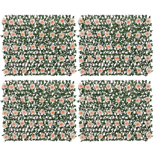 Nature Crafted Expandable Fence Privacy Screen with Artificial Flower, Greenery Expandable Stretchable Covers Panel Privacy Fence for Balcony Patio Garden, Single Sided Leaves (Pink Rose, 4 Pack)