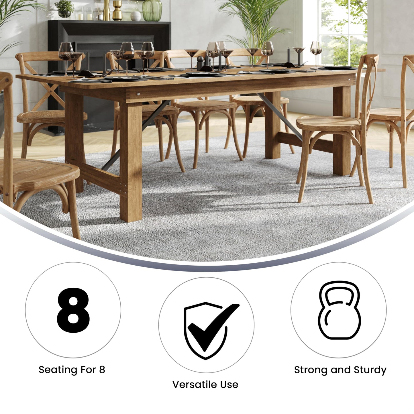 Flash Furniture Hercules Series 8' x 40" Rustic Solid Pine Folding Dining Table, Rectangular Antique Farmhouse Dining and Event Extension Table