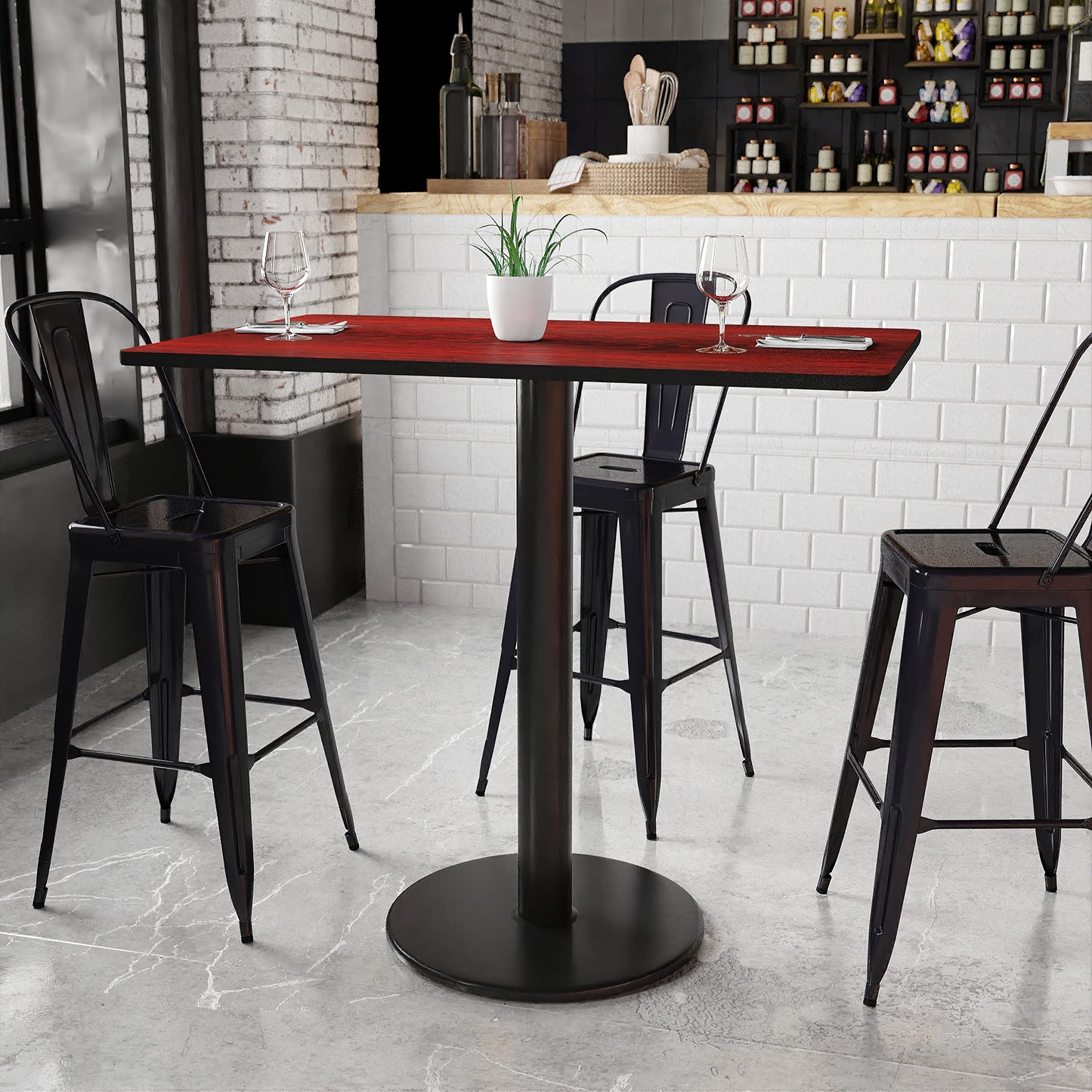 Flash Furniture 30'' x 48'' Rectangular Mahogany Laminate Table Top with 24'' Round Bar Height Table Base