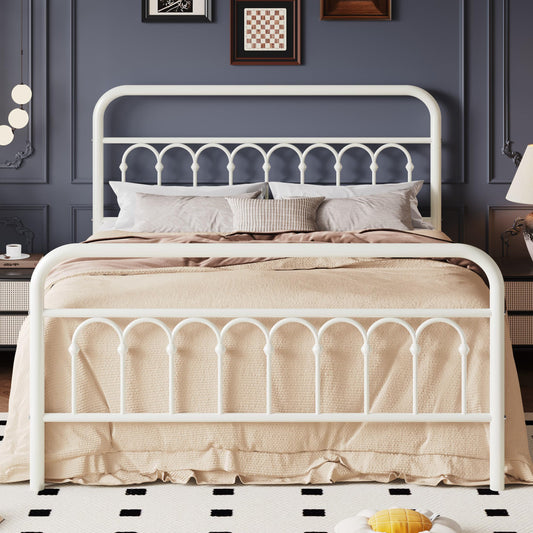 SHA CERLIN Queen Size Metal Platform Bed Frame with Vintage Headboard and Footboard, Iron Arch with Ball Paint Finish, Under Storage Space, No Box Spring Needed, Easy to Assemble, Cream White