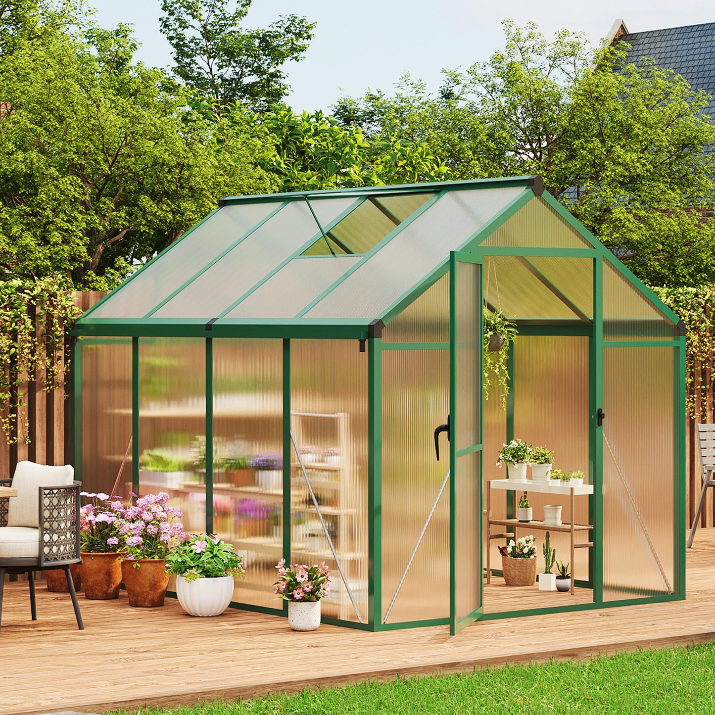 GarveeHome 6X8 FT Greenhouse for Outdoors, Large Walk-in Polycarbonate Greenhouse Kit, Aluminum Frame, Lockable Door, Roof Vent, Ground Spikes, for Garden, Patio, Backyard, Outdoor Plant Growth